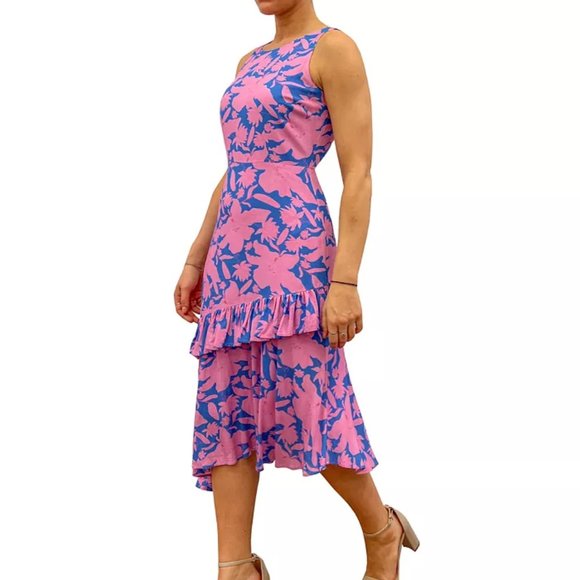 NWOT Sam Edelman Floral-Print Ruffled Keyhole-Back Asymmetrical-Hem Midi Dress - Picture 3 of 3
